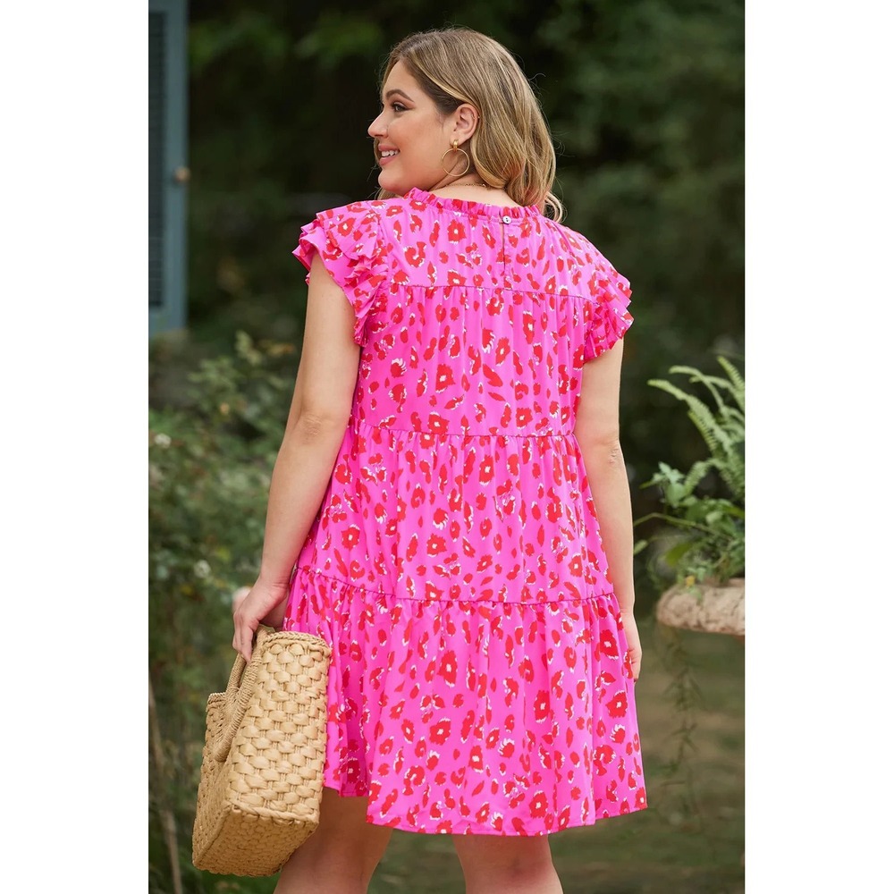 Jodifl Dress Womens 2X Pink Red Animal Print Ruffle Sleeve Tiered Polyester Plus - Picture 4 of 15